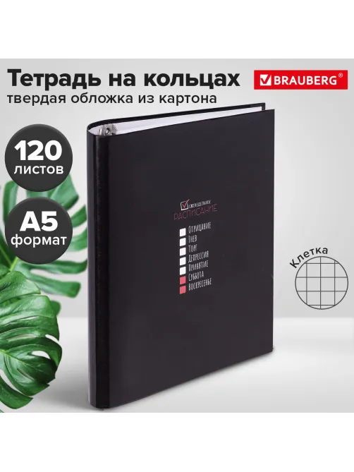 Тетрадь на кольцах А5 175х215 мм, 120 листов, твердый картон, клетка, BRAUBERG, 