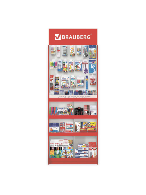 Стойка для размещения товара напольная усиленная BRAUBERG, 210х78х40 см, 4 полки, 30 ячеек, 21 крючок, 504341