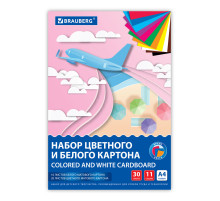 Набор картона БЕЛЫЙ + ЦВЕТНОЙ, A4, немелованный, 30 листов (белый 10 листов + цветной 20 листов, 10 цветов), папка, BRAUBERG, 116422
