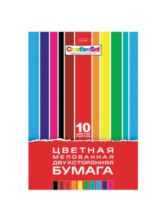 Цветная бумага А4 2-сторонняя мелованная, 10 листов, 10 цветов, в папке, HATBER, 200х290 мм, 