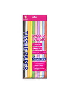 Цветная бумага ТИШЬЮ 17 г/м2, 50х66 см, 20 листов, 10 цветов, пастель ассорти, ЗОЛОТАЯ СКАЗКА, 116493