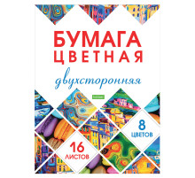 Цветная бумага А4 2-сторонняя газетная, 16 листов, 8 цветов, на скобе, HATBER ECO, 200х270 мм, 