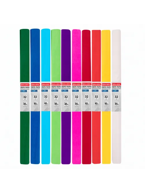 Бумага гофрированная/креповая, 32 г/м2, 50х250 см, НАБОР 10 рулонов, яркие цвета, BRAUBERG, 112556