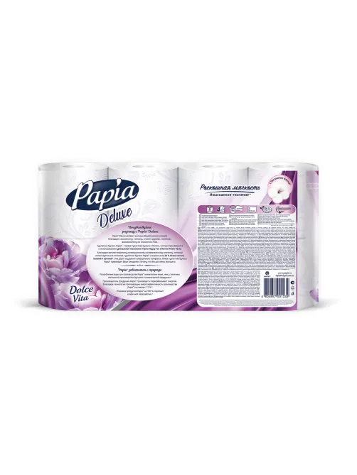 Бумага туалетная быт., спайка 8 шт., 4-слойная (8х16,5м), PAPIA DELUXE, аромат Dolce Vita, 5080749