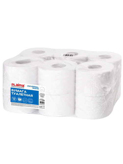 Бумага туалетная 200 м, LAIMA (T2), UNIVERSAL WHITE, 1-слойная, цвет белый, КОМПЛЕКТ 12 рулонов, 111335