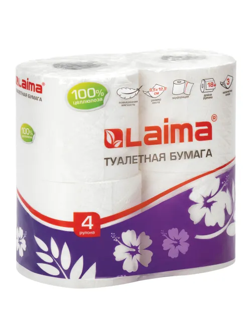 Бумага туалетная бытовая, спайка 4 шт., 3-х слойная, (4х18 м), LAIMA, белая, 128724