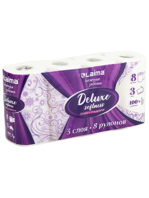 Бумага туалетная 3-х слойная, 8 рулонов (8х16,5 м), LAIMA Deluxe, 100% целлюлоза, 115396