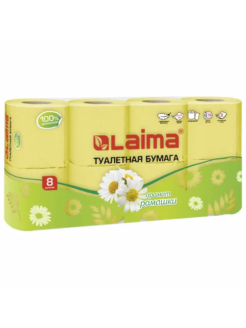 Бумага туалетная бытовая, спайка 8 шт., 2-х слойная, (8х19 м), LAIMA, аромат ромашки, 128721