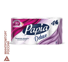Бумага туалетная бытовая, спайка 8 шт., 4-слойная (8х16 м), PAPIA DELUXE, белая, 5080737