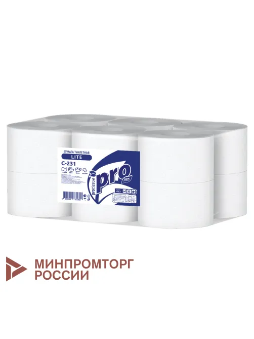 Бумага туалетная 200 метров, PROtissue (T2) LITE, 1-слойная, белая, КОМПЛЕКТ 12 рулонов, С231