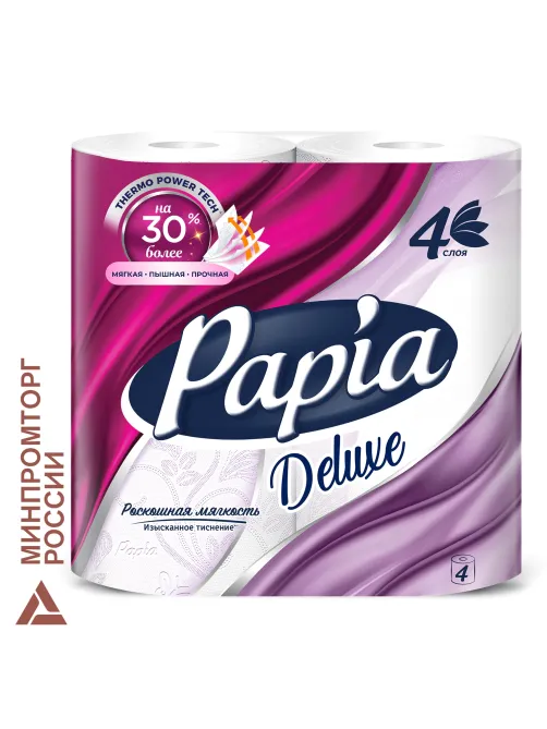 Бумага туалетная быт., спайка 4 шт., 4-слойная (4х16 м), PAPIA DELUXE, белая, 5080736