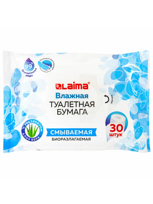 Бумага туалетная влажная смываемая, 30 шт., БИОРАЗЛАГАЕМАЯ, с экстрактом алоэ вера, LAIMA, 128082