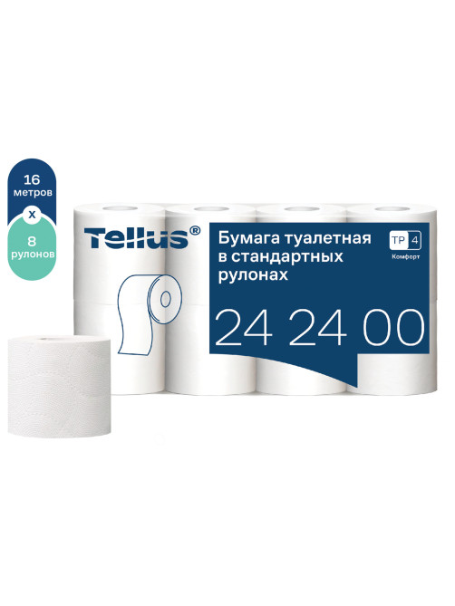 Бумага туалетная Tellus/TORK КОМФОРТ (Система ТР4), спайка 8 рулонов по 16 метров, 3-слойная, 242400