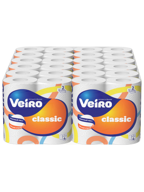 Бумага туалетная бытовая, спайка 4 шт., 2-слойная (4х15 м), VEIRO Classic (Вейро), белая, 5с24