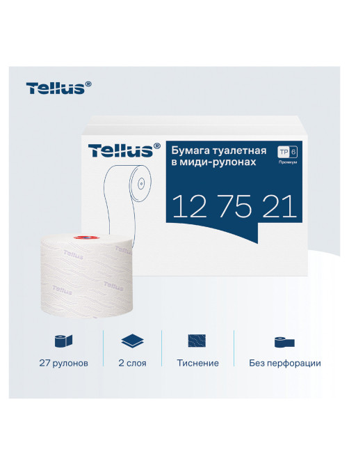 Бумага туалетная 90 м, Tellus/TORK (Система Т6) PREMIUM, КОМПЛЕКТ 27 рулонов, 2-слойная, белая, 127520/127521
