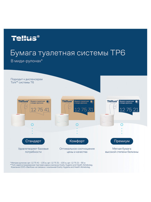 Бумага туалетная 90 м, Tellus/TORK (Система Т6) PREMIUM, КОМПЛЕКТ 27 рулонов, 2-слойная, белая, 127520/127521