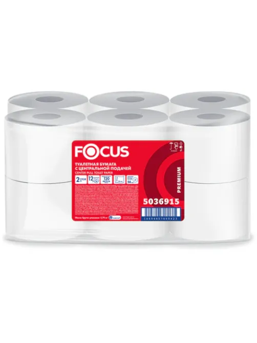 Бумага туалетная с центральной вытяжкой 120 м, FOCUS (T8) Premium, 2-слойная, белый, КОМПЛЕКТ 12 рулонов, 5036915