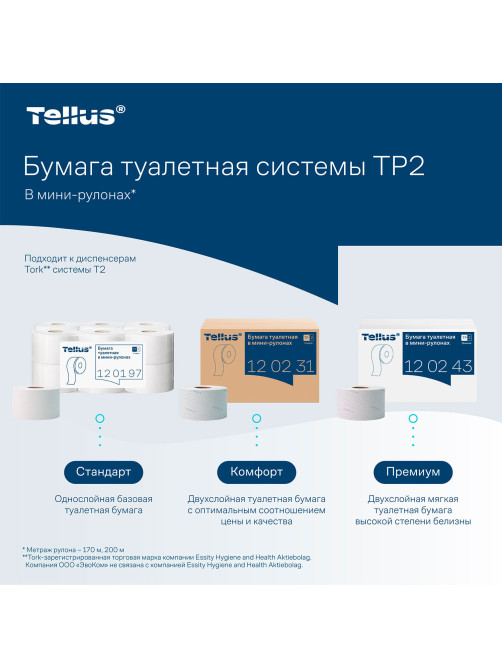 Бумага туалетная 170 метров, Tellus/TORK (Система T2) ADVANCED, КОМПЛЕКТ 12 рулонов, 2-слойная, белая, 120231