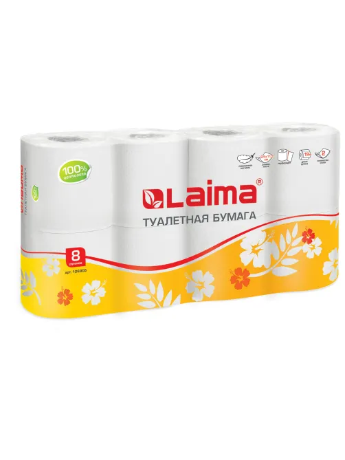 Бумага туалетная бытовая, спайка 8 шт., 2-х слойная, (8х19 м), LAIMA, белая, 126905