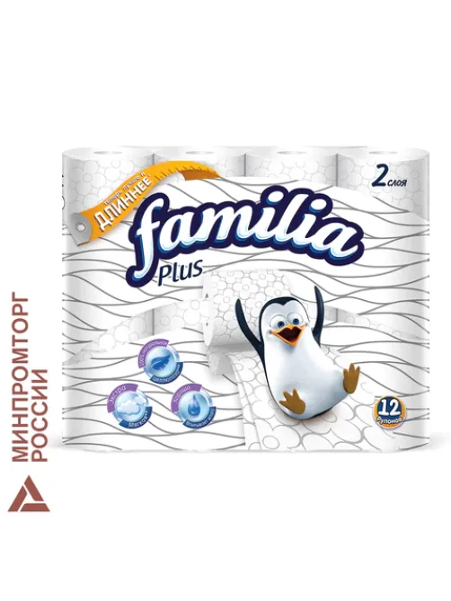 Бумага туалетная бытовая, спайка 12 шт., 2-слойная (12х20,4 м), FAMILIA PLUS, белая, 5080964