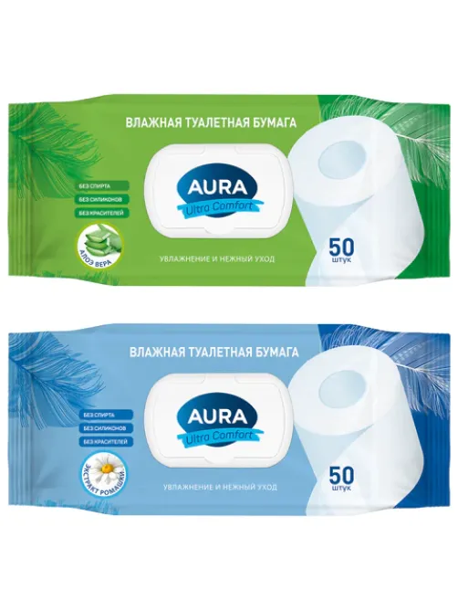Бумага туалетная влажная 50 шт., AURA 