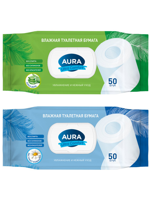 Бумага туалетная влажная 50 шт., AURA 