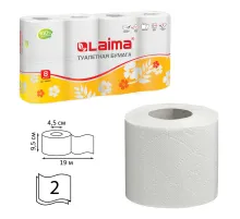 Бумага туалетная бытовая, спайка 8 шт., 2-х слойная, (8х19 м), LAIMA, белая, 126905