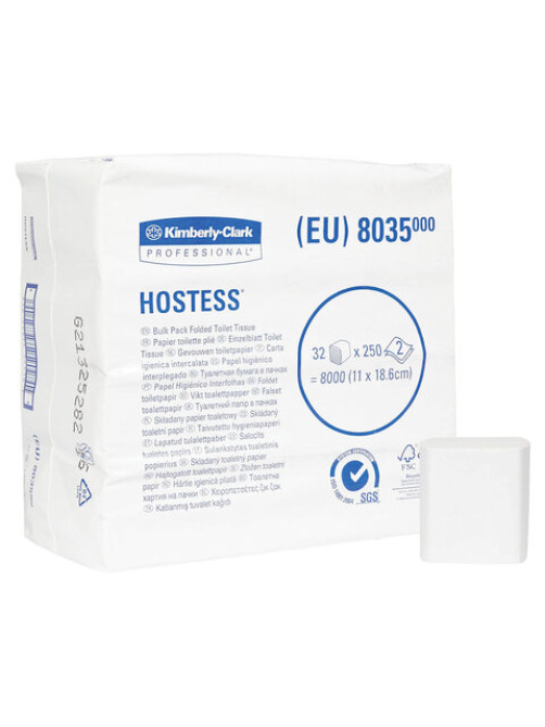 Бумага туалетная листовая KIMBERLY-CLARK Hostess КОМПЛЕКТ 32 шт., 250 листов, 18,6х11 см, 2-слойная, 8035