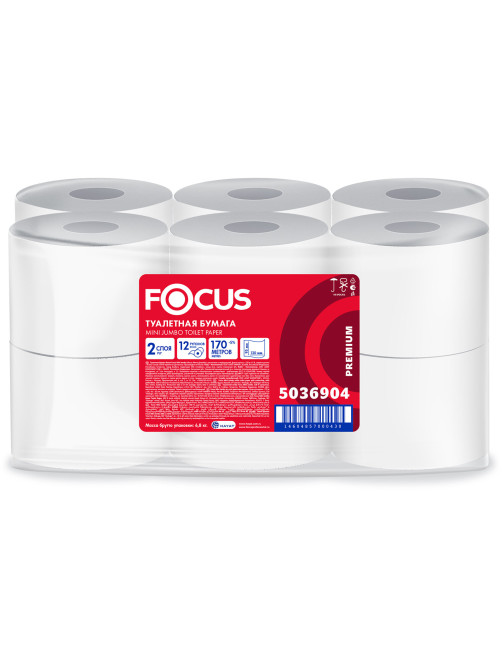 Бумага туалетная 170 м, FOCUS (Система Т2) 2-слойная, цвет белый, КОМПЛЕКТ 12 рулонов, 5036904