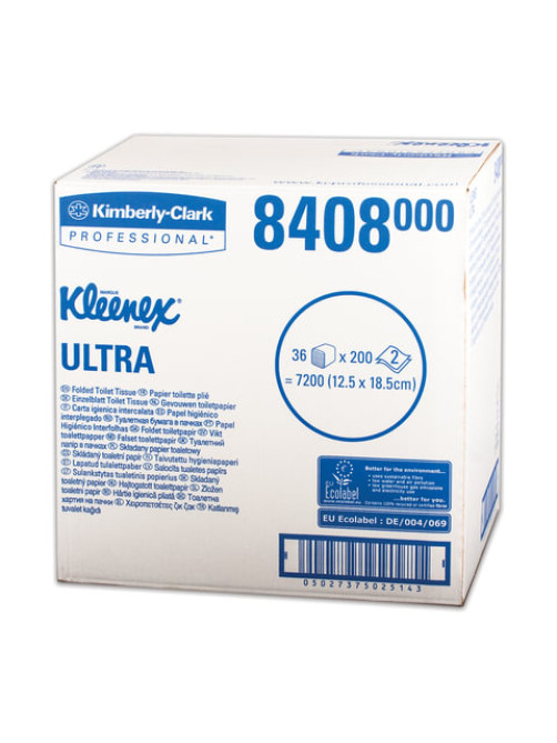 Бумага туалетная листовая KIMBERLY-CLARK Kleenex, КОМПЛЕКТ 36 шт., Ultra, 200 л., 18,6х12,5 см, 2-слойная, артикул 8408