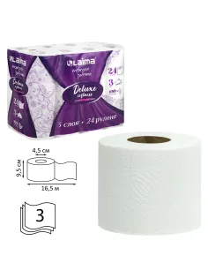 Бумага туалетная 3-х слойная, 24 рулона (24х16,5 м), LAIMA Deluxe, 100% целлюлоза, 115397