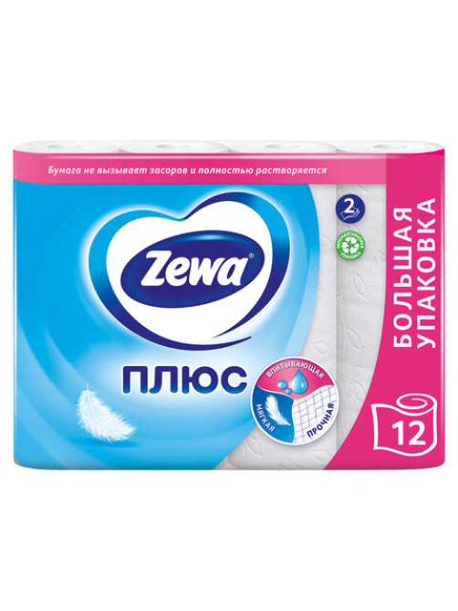 Бумага туалетная 2-х слойная, 12 рулонов (12х23 м), белая, ZEWA Plus, 144090