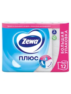 Бумага туалетная 2-х слойная, 12 рулонов (12х23 м), белая, ZEWA Plus, 144090
