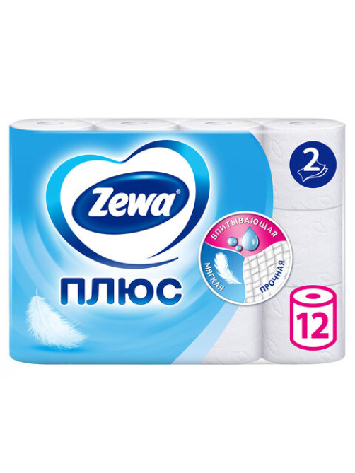Бумага туалетная 2-х слойная, 12 рулонов (12х23 м), белая, ZEWA Plus, 144090