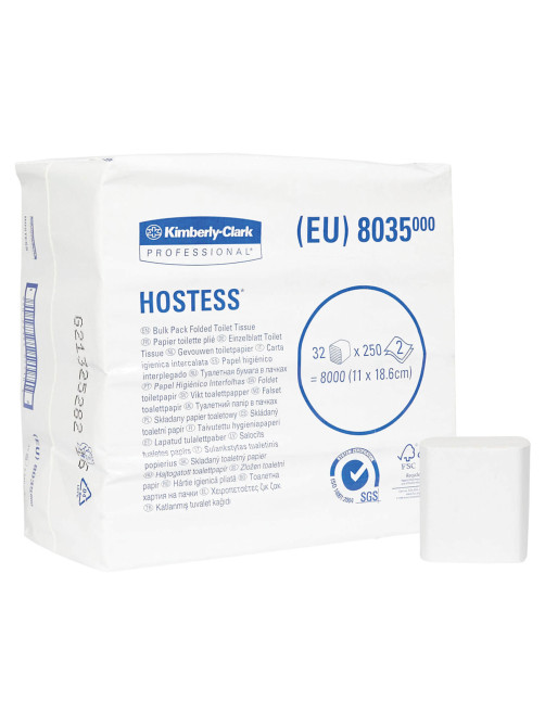 Бумага туалетная листовая KIMBERLY-CLARK Hostess КОМПЛЕКТ 32 шт., 250 листов, 18,6х11 см, 2-слойная, 8035