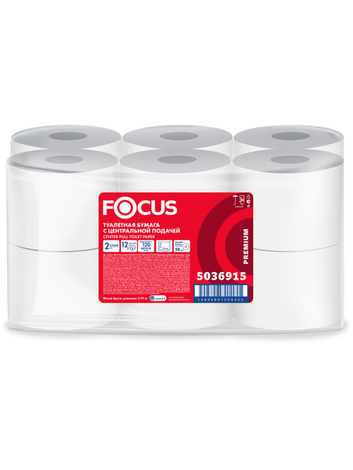 Бумага туалетная с центральной вытяжкой 120 м, FOCUS (T8) Premium, 2-слойная, белый, КОМПЛЕКТ 12 рулонов, 5036915