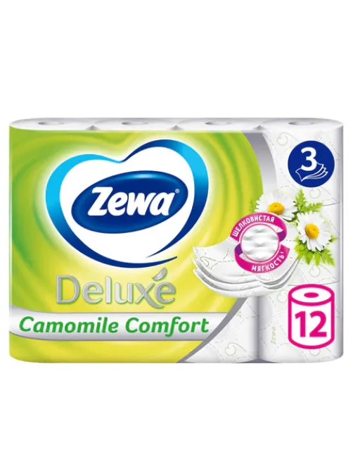 Бумага туалетная 3-х слойная 12 рулонов (12х18 м), С АРОМАТОМ РОМАШКИ, ZEWA Deluxe, 53613