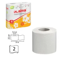 Бумага туалетная бытовая, спайка 4 шт., 2-х слойная, (4х19 м), LAIMA, белая, 126904
