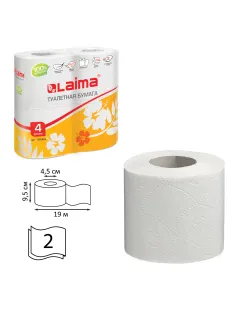 Бумага туалетная бытовая, спайка 4 шт., 2-х слойная, (4х19 м), LAIMA, белая, 126904