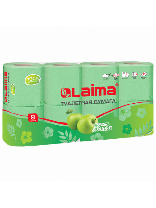 Бумага туалетная бытовая, спайка 8 шт., 2-х слойная, (8х19 м), LAIMA, аромат яблока, 128723