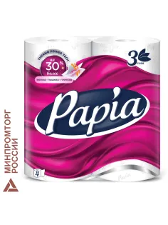 Бумага туалетная бытовая, спайка 4 шт., 3-слойная (4 х 16,8 м), PAPIA, белая, 5080720
