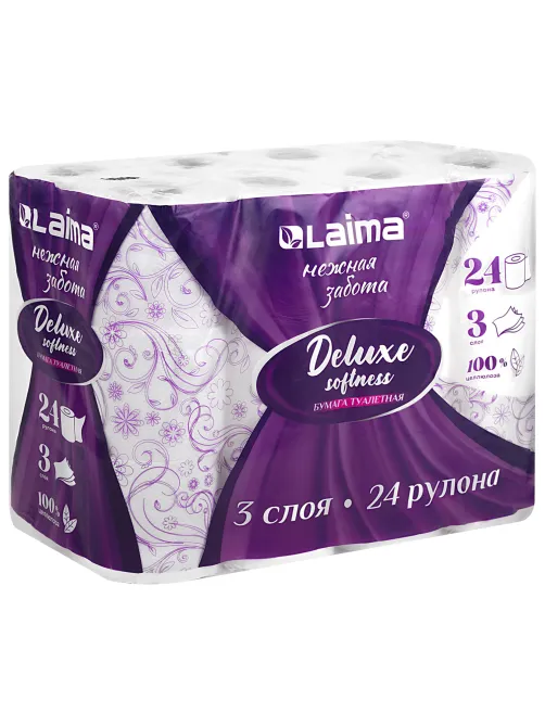 Бумага туалетная 3-х слойная, 24 рулона (24х16,5 м), LAIMA Deluxe, 100% целлюлоза, 115397