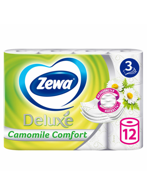 Бумага туалетная 3-х слойная 12 рулонов (12х18 м), С АРОМАТОМ РОМАШКИ, ZEWA Deluxe, 53613