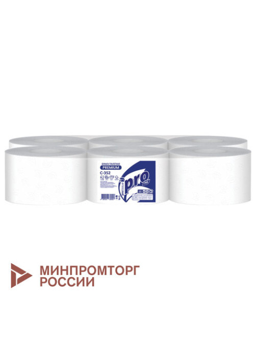 Бумага туалетная 215 м с центральной вытяжкой PROtissue (T8) PREMIUM, 2-слойная, белая, КОМПЛЕКТ 6 шт., С352