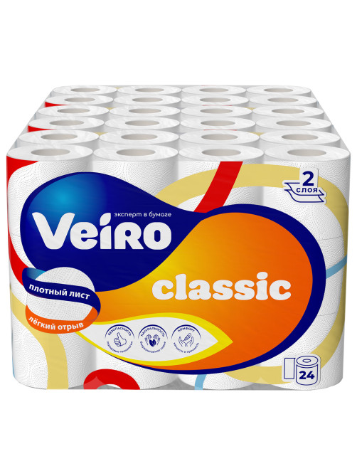 Бумага туалетная бытовая, спайка 24 шт., 2-х слойная (24х15 м), VEIRO Classic, белая, 5с224