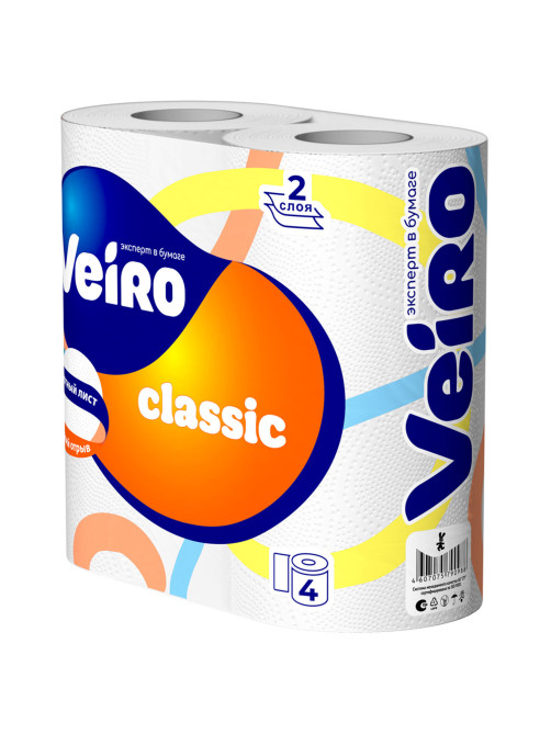 Бумага туалетная бытовая, спайка 4 шт., 2-слойная (4х15 м), VEIRO Classic (Вейро), белая, 5с24