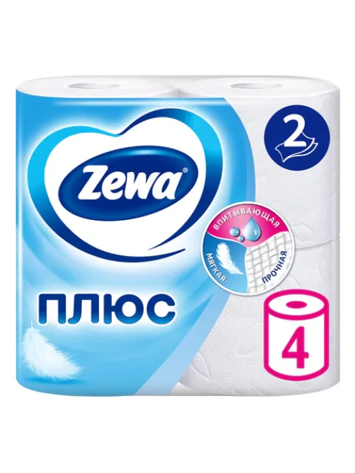 Бумага туалетная 2-х слойная, 4 рулона (4х23 м), белая, ZEWA Plus, 144051