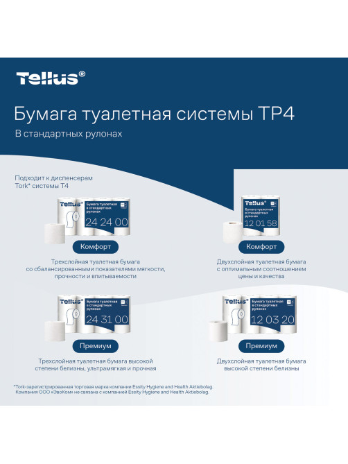 Бумага туалетная Tellus/TORK КОМФОРТ (Система ТР4), спайка 8 рулонов по 16 метров, 3-слойная, 242400
