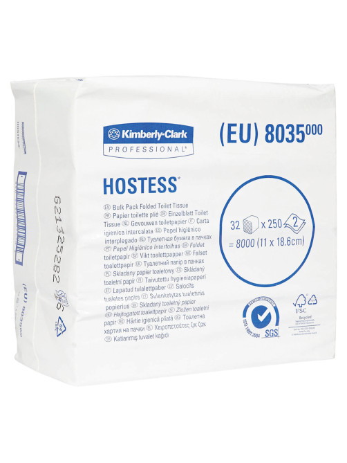 Бумага туалетная листовая KIMBERLY-CLARK Hostess КОМПЛЕКТ 32 шт., 250 листов, 18,6х11 см, 2-слойная, 8035