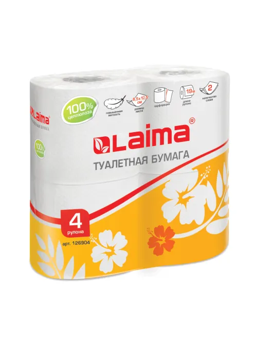 Бумага туалетная бытовая, спайка 4 шт., 2-х слойная, (4х19 м), LAIMA, белая, 126904